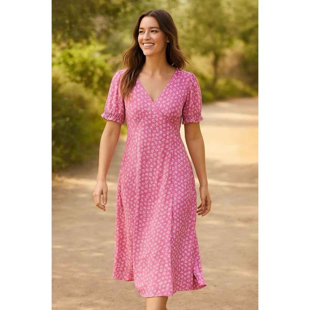 SO Midi Dress Women's M Pink Floral Puff Sleeve Tie V Neck Summer Cottagecore